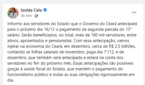 governadora izolda cela informa