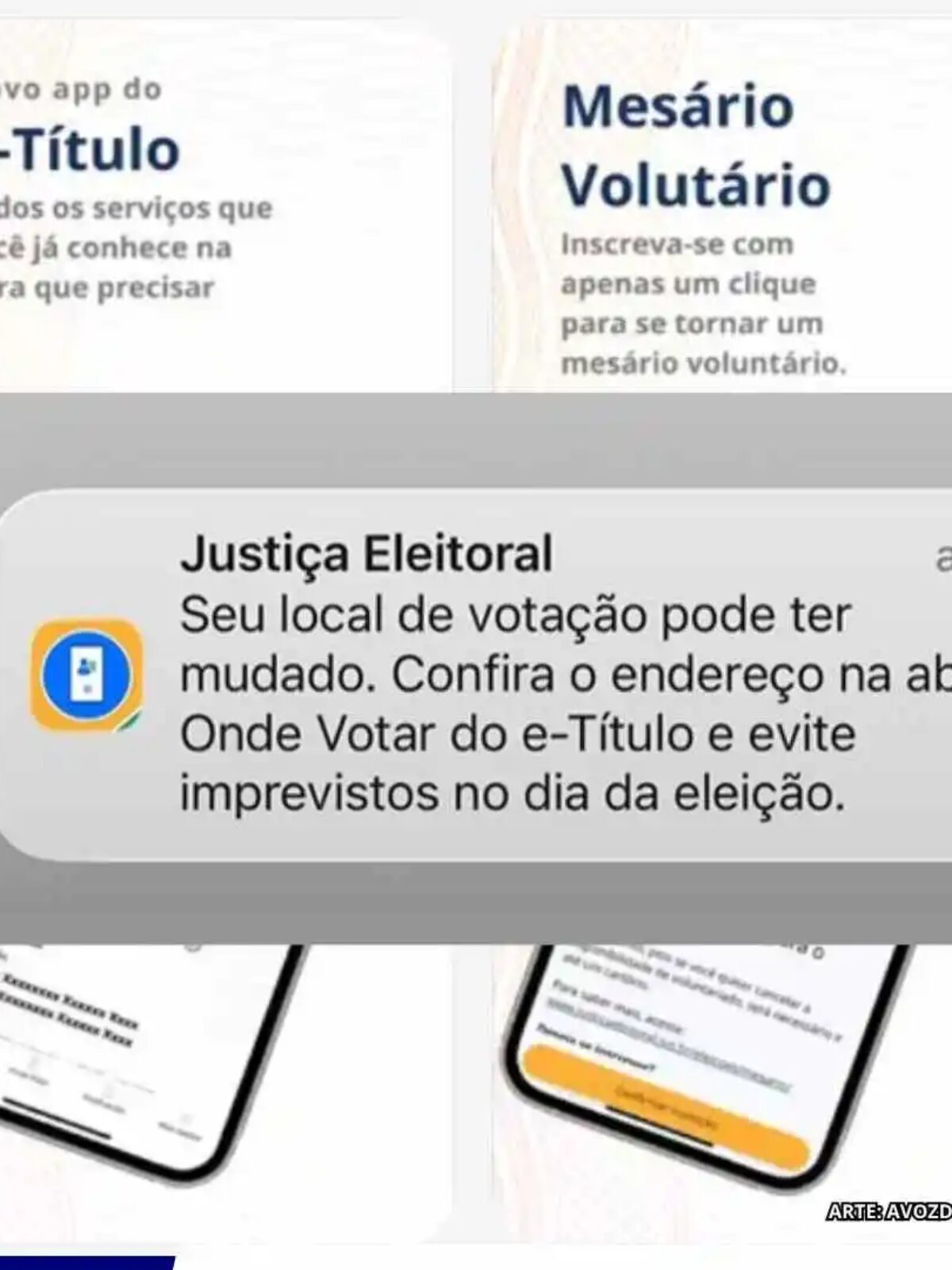 Telas do aplicativo e-Título em celular e computador, representando o envio de notificações oficiais com orientações aos eleitores para as Eleições 2026.