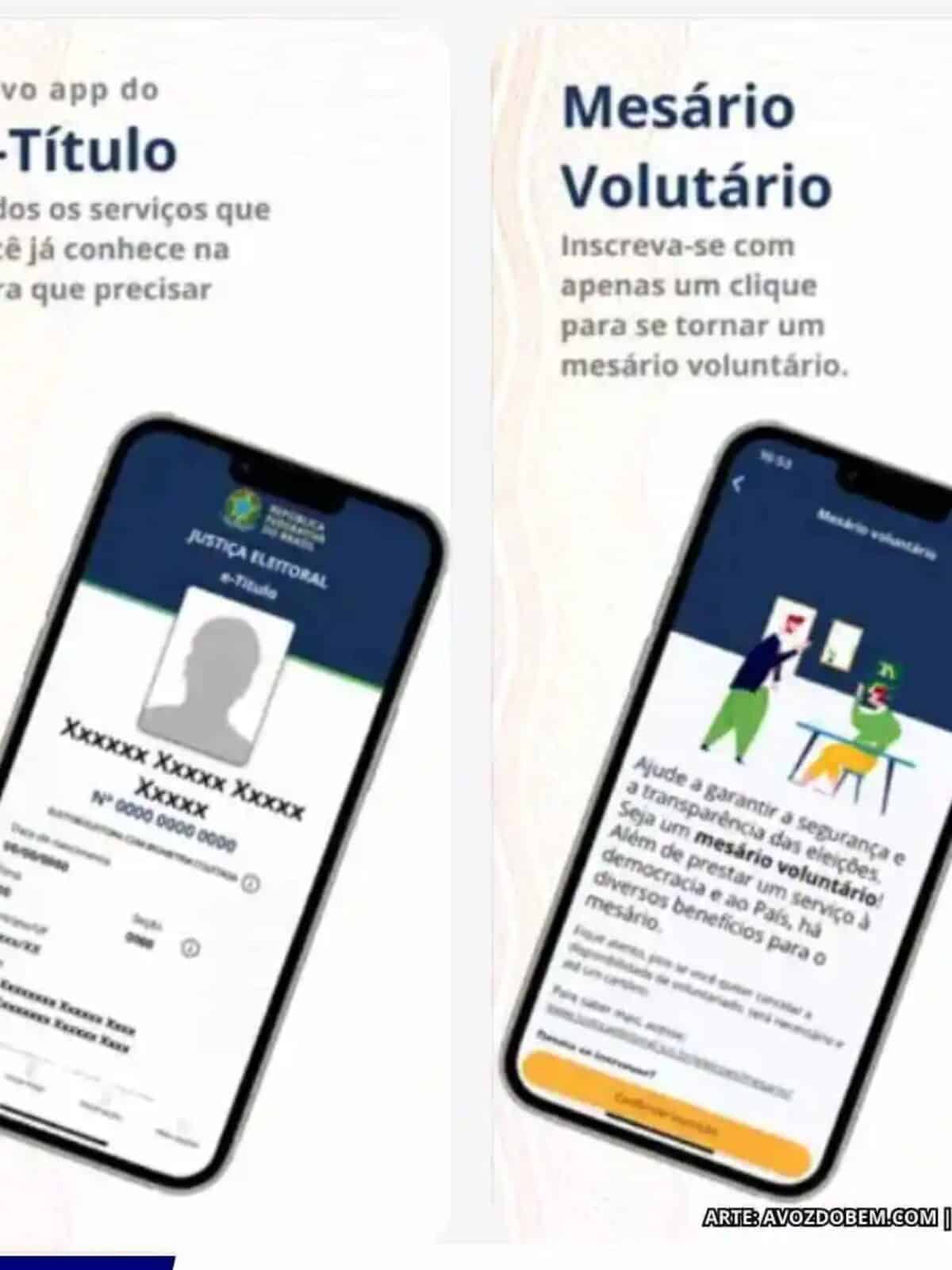 Telas do aplicativo e-Título em celulares, representando o acesso digital ao título de eleitor e aos serviços da Justiça Eleitoral para as Eleições 2026.